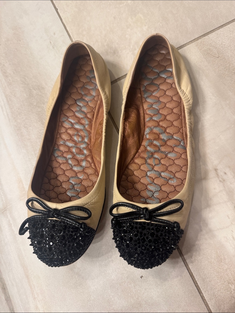 Sam Edelman Beige Ballet Flats with Black Embellished Cap Toe